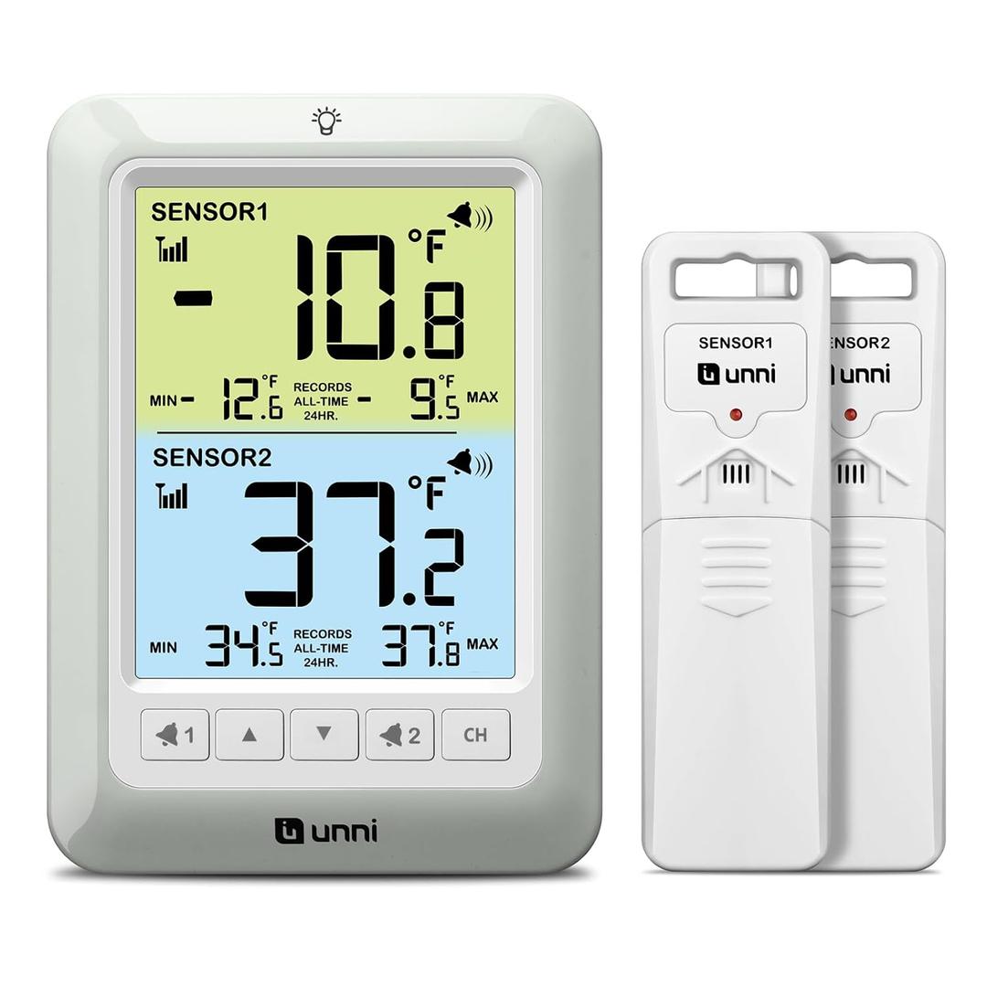 U UNNI Refrigerator Thermometer with Alarm, Digital Wireless Fridge and Freezer Thermometer, Max Min Temperature Records with Magnetic & Stand Options for Home Restaurant