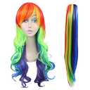 ANOGOL Hair Cap+ Rainbow Wig with Tail Long Straight Colorful Synthetic Wigs for Women Men Multi-Colored Scene Wigs for Anime Cosplay Halloween Costume Christmas Party Outfit Mardi Gras Wig