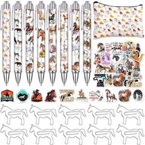 Fullhawl 69 Pcs Horse Pens Set for Horse Lover Stationery Gifts for Women Men Including 0.5mm Ballpoint Pens Bag Stickers and Clips for Student Office School Supplies