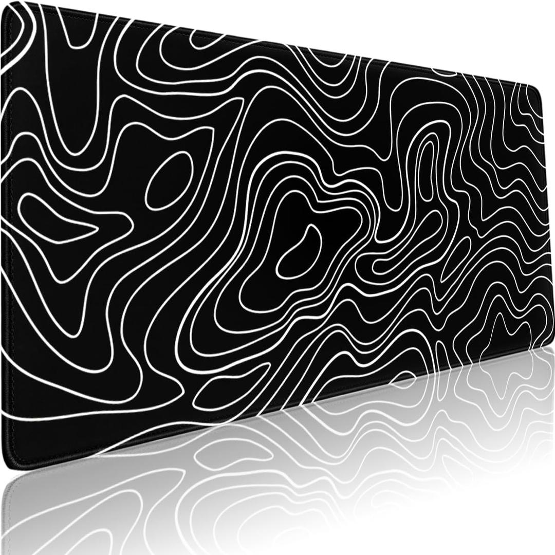 2 x Black White Topographic Line Mouse Pad Gaming Mousepad Non-Slip Rubber Base Keyboard Pad Desk Mat for Home Office, 31.5 x 11.8 in
