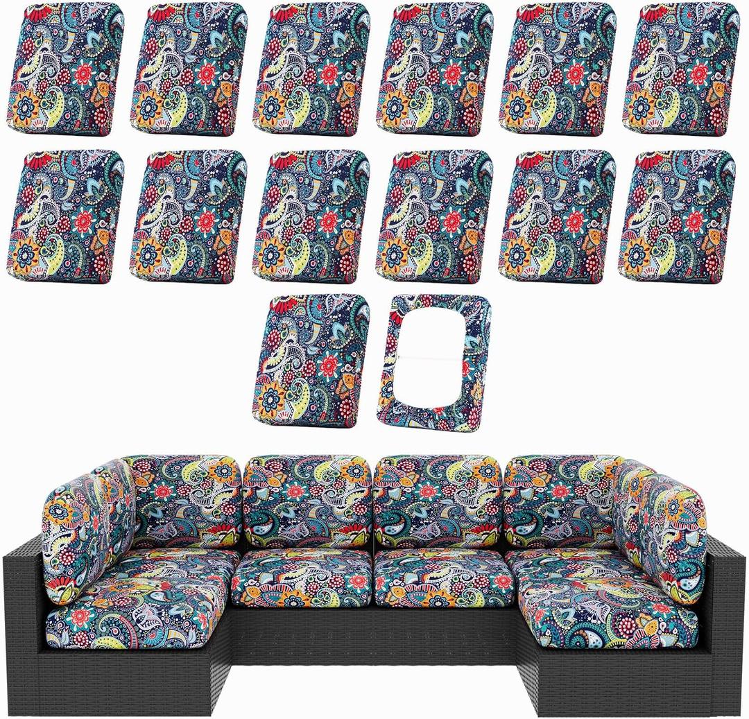 hyha 14Pcs Patio Cushion Covers, Stretch Outdoor Couch Cushion Covers Replacement, Washable Outdoor Chair/Sofa Slipcovers for Patio Furniture Cushions Protector with Elastic Bottom(Paisley,Cover Only)
