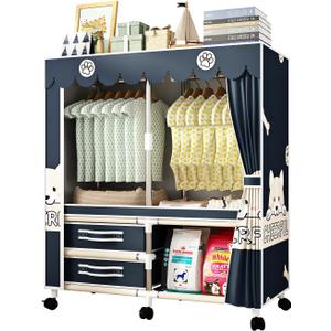 Large Portable Armoire Wardrobe Closet with 4 Hanging Rods and Lockers,Metal Storage Wardrobe Clothes Rack with Dust Cover for Clothes,16.7 in Wide,Bedroom,Gray (Navy Blue, 33.5 in)