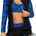 SHEKINI Women's 3 Piece Rash Guard Long Sleeve Bathing Suits with Drawstring Short (Large, Black-blue Palm Leaves)
