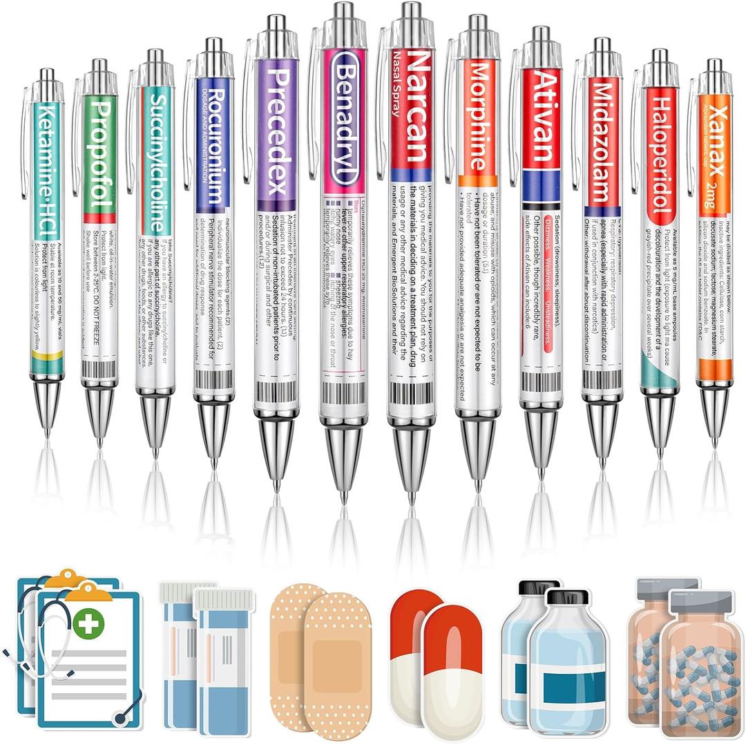 24 Pharmacy Pens Gifts Technician Accessories for Nurse with 12 Sticky Notes Accessories for Work Funny Pharmacy Drug Nursing Cna Week Pens Gifts Medical Assistant Pharmacist Bulk