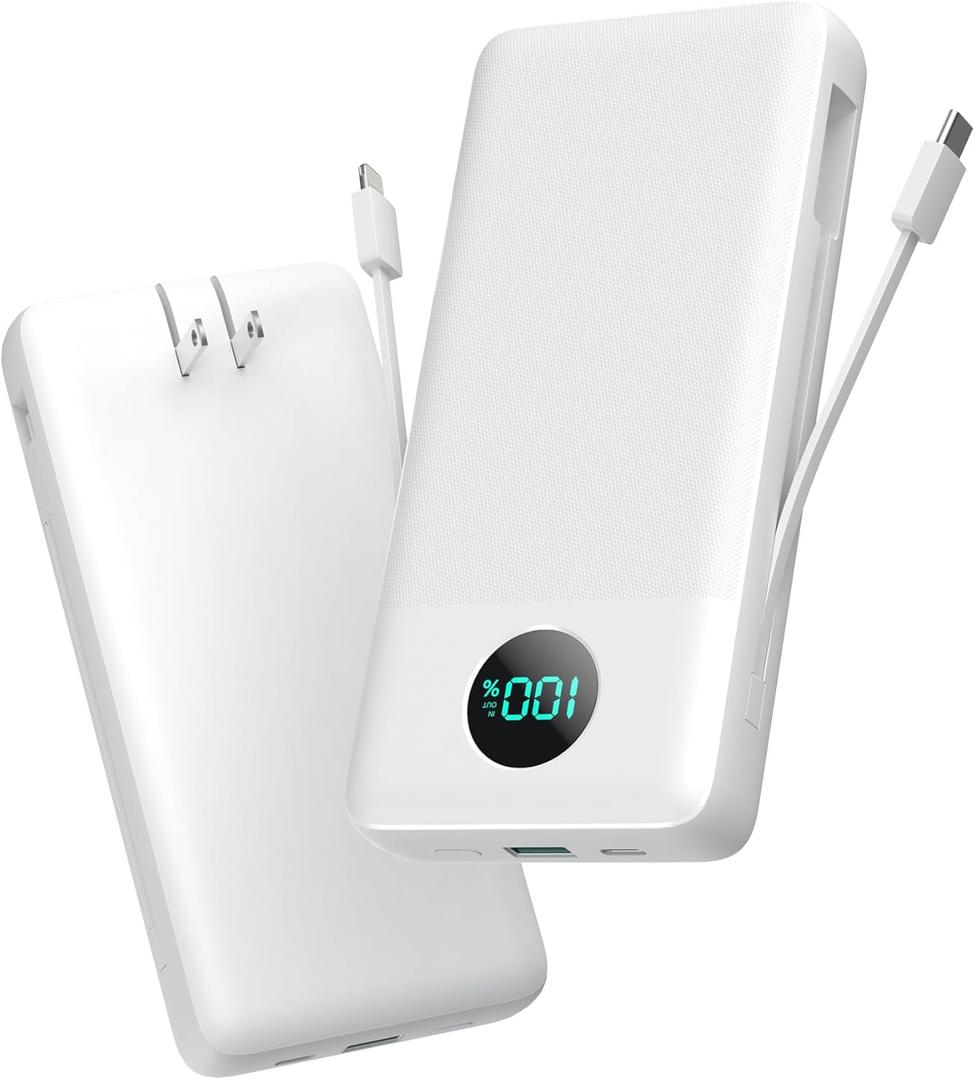 Portable Charger 33800mAh USB C Power Bank with Built-in Cables & AC Wall Plug,25W Fast Charging+QC 4.0 Phone Charger,4 Output LCD Display Battery Pack Compatible with iPhone16/15,Samsung,Android etc (white)