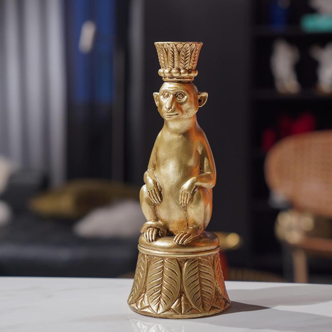 Candle Stick Holder Table Decor - Monkey Resin Modern Candlestick Holder Indoor Table Decor Animals Brass Gold Candle Stand for Living Room Home Decoration 3.25 x 3.25 x 9.25 Inch Guichifun