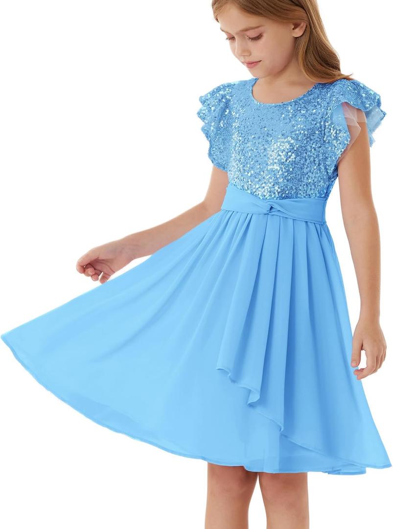 GRACE KARIN Girls Sequin Dress Party Birthday Prom Formal Fancy Midi Dress 5-12 Years (Blue)