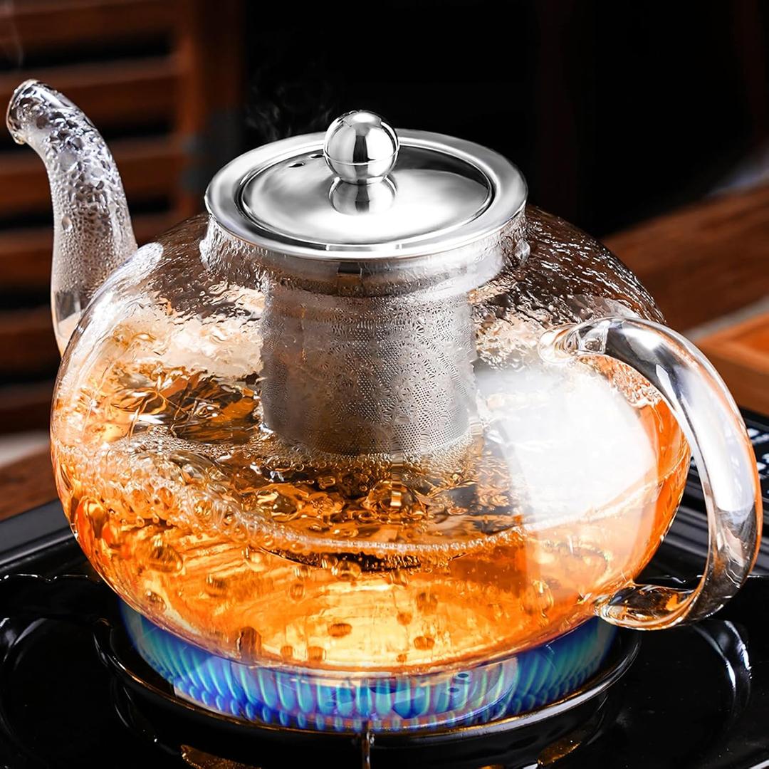 PARACITY Glass Teapot Stovetop 40 OZ/1200ml, Borosilicate Clear Tea Kettle with Removable 18/8 Stainless Steel Infuser, Teapot Blooming and Loose Leaf Tea Maker Tea Brewer for Camping, Travel (1200ml-Short circle)