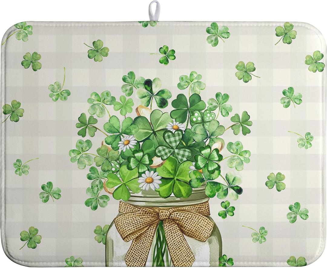 St Patricks Day Shamrock Dish Drying Mat Green Spring Kitchen Dishes Drying Pad Absorbent Dish Dryer Mats for Kitchen Countertops Microfiber Washable Large18x24 in