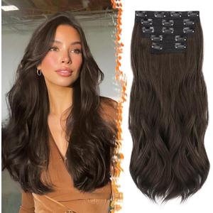 BARSDAR Dark Brown Clip in Hair Extensions - 20 Inch Loose Wavy Clip in Hair Extensions for Women, 5 PCS Layered Extension Lace Weft Voluminous Easy Wear Soft Synthetic Dark Brown Hairpieces