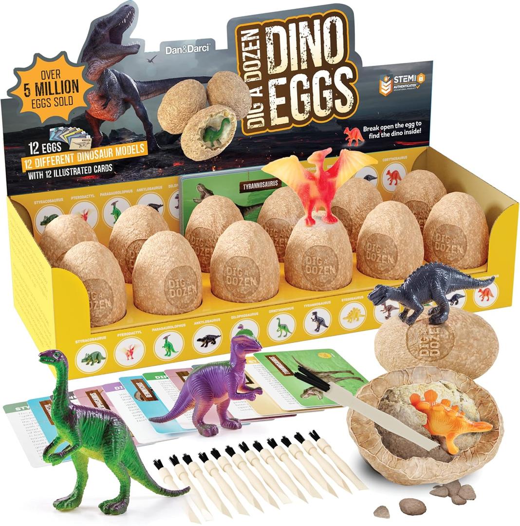 Dan&Darci Dig a Dozen Dino Egg Kit for Kids - Dinosaur Toys Easter Gift 3-12 Year Old - 12 Eggs & Surprise Dinosaurs - Basket Stuffers - Science STEM Activities - Boy Toy Party Gifts for Boys & Girls