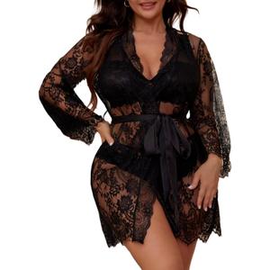 FANCMISTERY Plus Size Lingerie for Curvy Women 3 Piece Sleepwear with Lace Kimono Sexy Robe Lingerie Sets for Women (US, Alpha, X-Large, Regular, Regular, black)