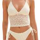 ZAFUL Women's Tankini Sets Halter String Tie Side Thong V Neck Bathing Suit Bowknot Lace Textured 2 Piece Swimsuit, M