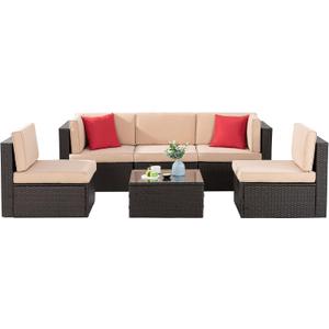 Shintenchi 6 Pieces Patio Furniture Sets Outdoor All-Weather Sectional Patio Sofa Set PE Rattan Manual Weaving Wicker Patio Conversation Set with Glass Table & Ottoman Cushion and Red Pillows, Beige