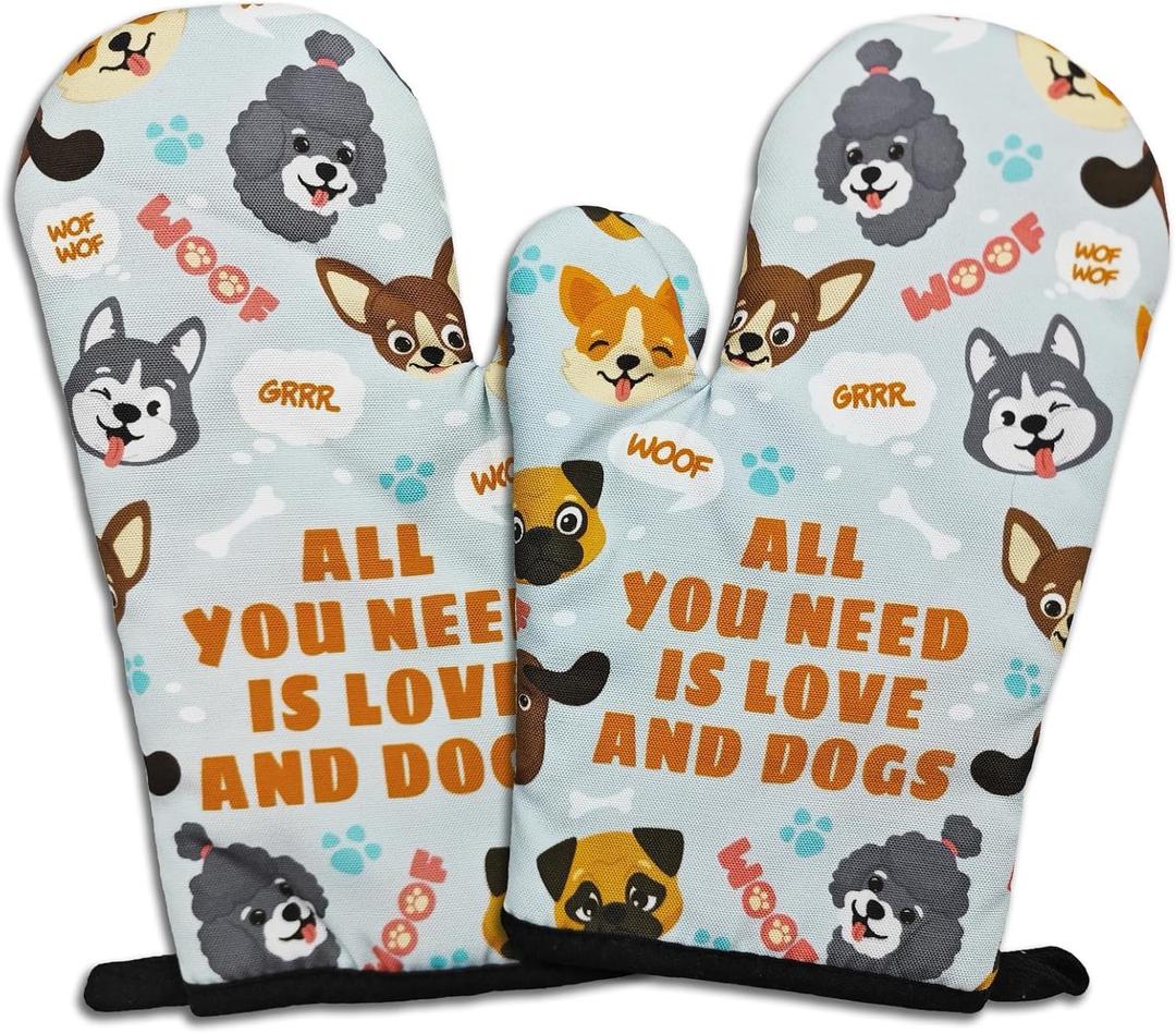 Pack of 2 Funny Dogs Oven Mitts All You Need is Love and Dogs Heat Resistant Kitchen Mitts Silicone Non-Slip Oven Mitts Kitchen Gift for Women Novelty Birthday Gift for Hostess Friend Dog Lover