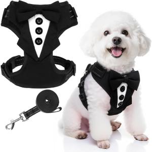 EXPAWLORER Dog Tuxedo Harness, Adjustable No Pull Pet Vest Harness with Leash Wedding Suit Attire with Bow Tie, Soft Padded Step-in Party Outfit Costume for Puppy Small Medium Dogs, Black M