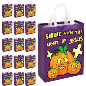 Windyun 100 Pcs Halloween Bags Bulk Christian Religious Pumpkin Non Woven Candy Goody Bags with Double Handles Halloween Favors Gift for Party 11x13.8 Inch