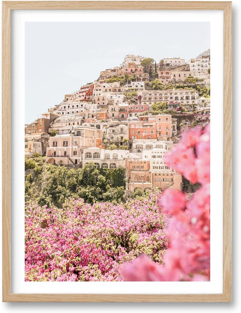 HesenDot Natural OAK Wood Amalfi Coast Framed Wall Art,12x16in Italy Beach Canvas Wall Print, Pink Flowers House Boho Wall Decor for Living Room,Bedroom,Office Gallery Gifts Set of 1
