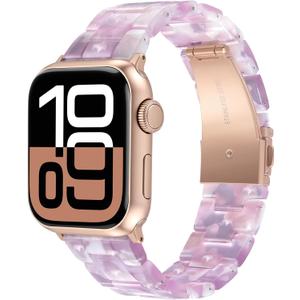 V-MORO Resin Bands Compatible with Apple Watch Series 11/10/9/8/7 Band 45mm 46mm Rose Gold Buckle Lightweight Fashion Strap Bracelet for iwatch Series SE/6/5/4/3/2/1(Purplish Flower,38/40/41/42mm)