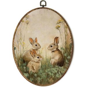 FSTCSV Vintage Easter Bunny Oval Wall Art Framed, Rustic Cottagecore Country Bunny Canvas Prints Wall Hanging Art, Spring Three Rabbits Nursery Oval Walls Decor for Home Bedroom Kids Room, 8.8x11.5in