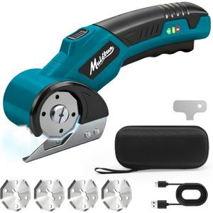 Electric Box Cutter with 4 Safety Blades,Storage Bag,Cardboard Cutter with Safety Lock,Led Light,4V 2000mAh Cordless Electric Scissors for Carton Carpet Fabric LeatherDark Blue