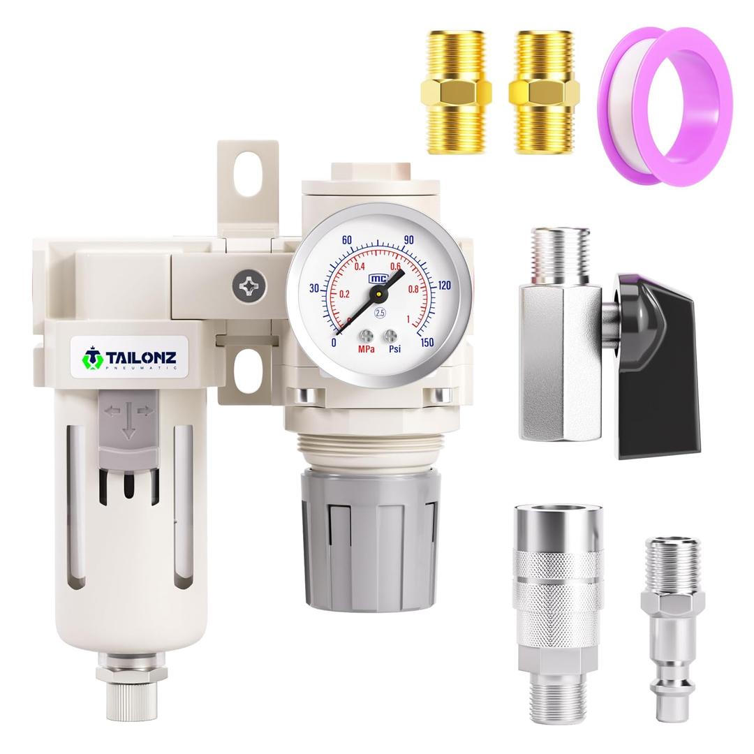 TAILONZ PNEUMATIC 1/2 Inch NPT 2 in 1 Air Filter Pressure Regulator Combo Piggyback, Air Tool Compressor Filter with Gauge AF4000+AR4000