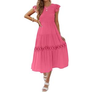 ZESICA Womens Summer Flutter Sleeve Smocked Lace Midi Dress | Casual Flutter Short Sleeve Dress, Boho Long Dress, Smocked High Waist Dress, Flowy A Line Dresses, Beach, Vacation, Party (Pink, S)