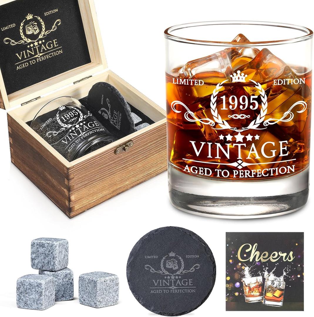 30th Birthday Gifts for Men Whiskey Glass Set - 30th Birthday Decorations, Party Supplies - 30 Year Anniversary, Bday Gifts Ideas for Him, Dad, Husband, Friends - Wood Box & Whiskey Stones & Coaster