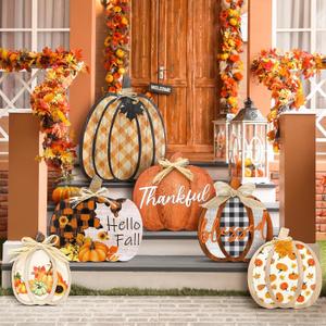 Set of 6 Farmhouse Outdoor Fall Decoration for Home Pumpkin Fall Porch Signs Decoration Standings Thankful Grateful Blessed Welcome Sign Thanksgiving Decor for Front Porch Garden Party Favor(Retro)