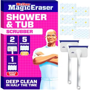Mr. Clean Magic Eraser Shower & Tub Scrubber, Bathroom Cleaner, All in One Bathroom Cleaner, Lemon Starter Kit, 2 Scrubber, 5 Foaming Magic Erasers, 1 Whole Home Extra Durable Magic Eraser