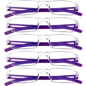VisionGlobal 5 Pairs Reading Glasses, Blue Light Blocking Glasses, Computer Reading Glasses for Women and Men, Fashion Square Eyewear Frame (Purple,+1.00 Magnification)