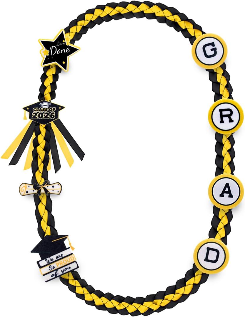 Graduation Leis Class of 2026 Decorations, Handmade Double Braided Graduation Ribbon Leis with Glitter Pins for Him Her High School College Congrats Party Supplies (Black & Gold)