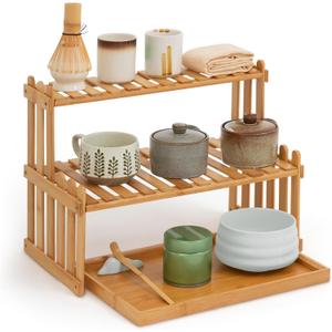 Kathfly 14.6 2-Tier Matcha Station Shelf Stand with 13 Bamboo Matcha Tea Serving Tray Coffee Station Organizer Coffee Bar Storage Rack Mug Holder Countertop for Tea Desktop Flower Pot Cup Display (15.4" x 9.1" x 2.8")