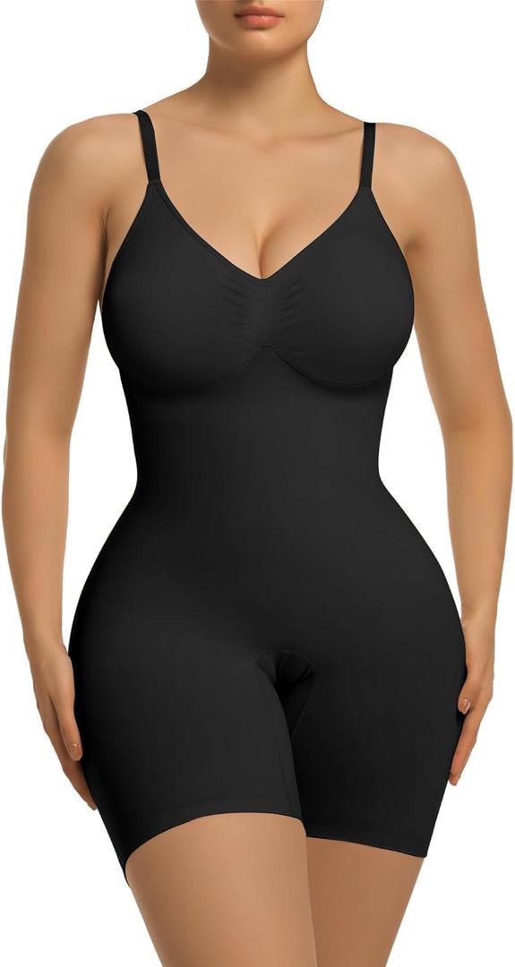 SHAPERX Women's Bra Free Bodysuits Tummy Control Shapewear Mid Thigh Body Shaper with Removable Pads, SZ5468-Black-L/ XL