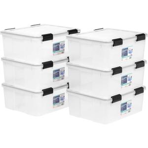 IRIS USA WeatherPro 31 Qt Storage Bins with Lids, 6 Pack, BPA-Free Plastic Gasket Box with Tight Latch and Seal, Stackable Nestable Tote Tub - Clear/Black