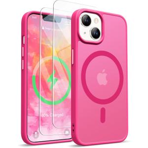 ORETECH Magnetic for iPhone 14 Case, [Compatible with MagSafe] [2 Pcs Screen Protectors] [15 FT Drop Protection] Frosted Translucent Back Shockproof Protective Cover - Hot Pink