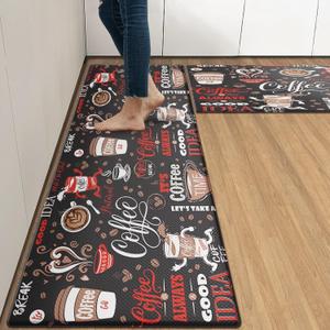 Arttown Coffee Cafe Vintage Anti-Fatigue Kitchen Rug Set of 2 Red Black Retro Farmhouse Cushioned Floor Standing Mat Waterproof Non-Slip Kitchen Mat and PVC Ergonomic Comfort Foam Rug, Size: 17.3 x 47 inch + 17.3 x 29 in, Color: Red Black Espresso Kitchen Mat