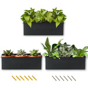 vensovo Metal Wall Hanging Planter Boxes – 12" Rectangle Flower Pots, 3 Pack with Drainage, Durable Galvanized Finish for Indoor Outdoor Balcony Fence Windowsill, Black