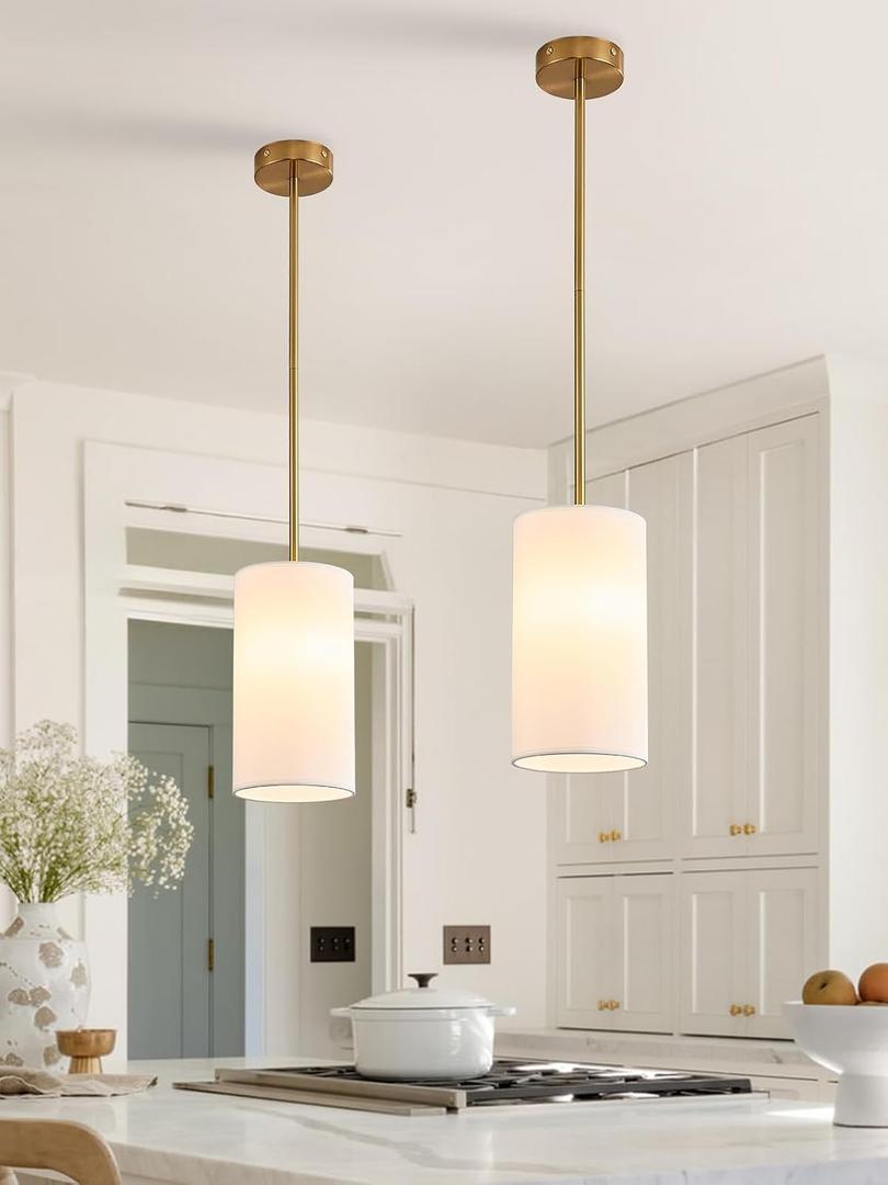 Fabric Pendant Light for Kitchen Island Gold and White Pendant Lamp with Cylinder Linen Shades 2-Pack Mini Farmhouse Hanging Light Fixture for Dining Room 5 Pendant Lighting for Sink Bedroom