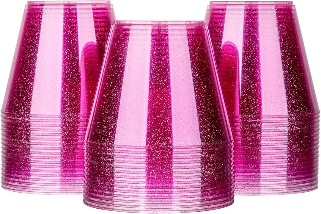 Homy Feel 9 Oz Pink Glitter Plastic Cups - 100PCS, Disposable Cocktail & Wine Cups for Wedding Party, Valentine's Day