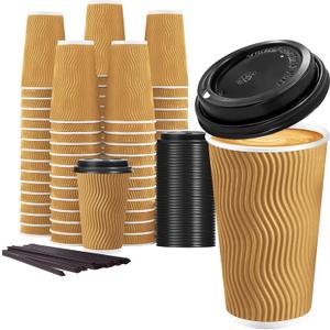 Lamosi 16 oz Disposable Coffee Cups with Lids, 50 Pack Insulated Hot Cups To Go Paper Coffee Cups with Lids and Straws, Corrugated Ripple Wall Cup for Hot Drink, Office, Coffee Bar (Champagne)
