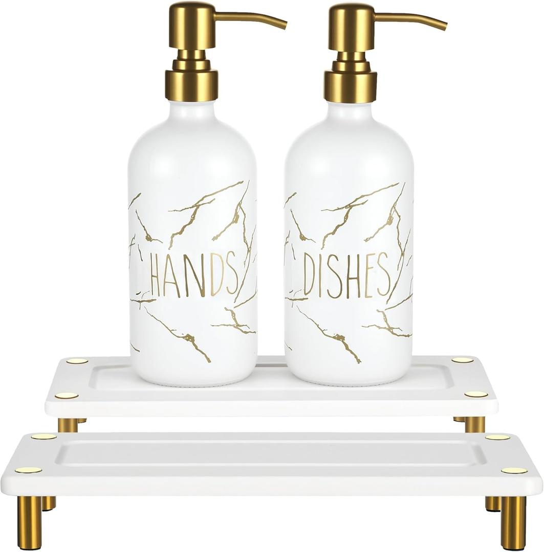 Kitchen Soap Dispenser Set, 16oz Hand and Dish Soap Dispenser Set with 2 Instant Dry Trays, Stainless Steel Pump, Refillable Glass Bottle for Kitchen and Bathroom Countertop (White)