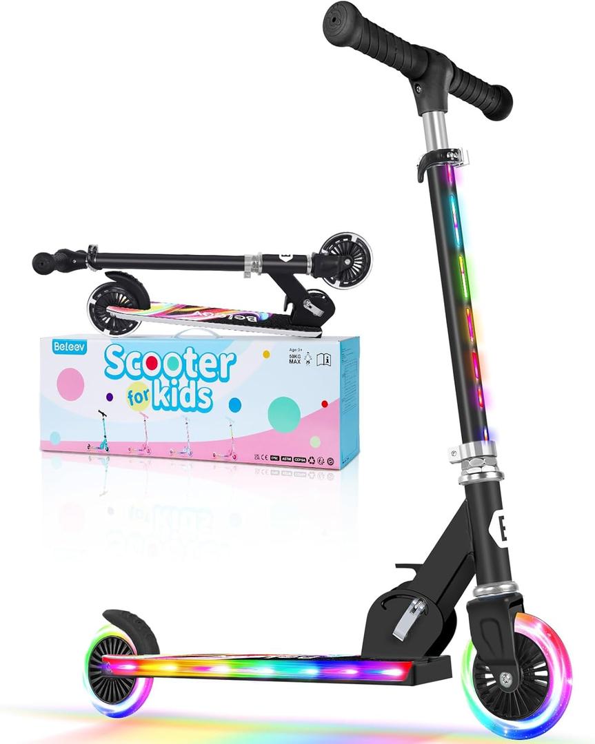 BELEEV V2 Scooters for Kids with Light-Up Wheels & Stem & Deck, 2 Wheel Folding Scooter for Girls Boys, 3 Adjustable Height, Non-Slip Pattern Deck, Lightweight Kick Scooter for Children Ages 3-12 (Black Rainbow)