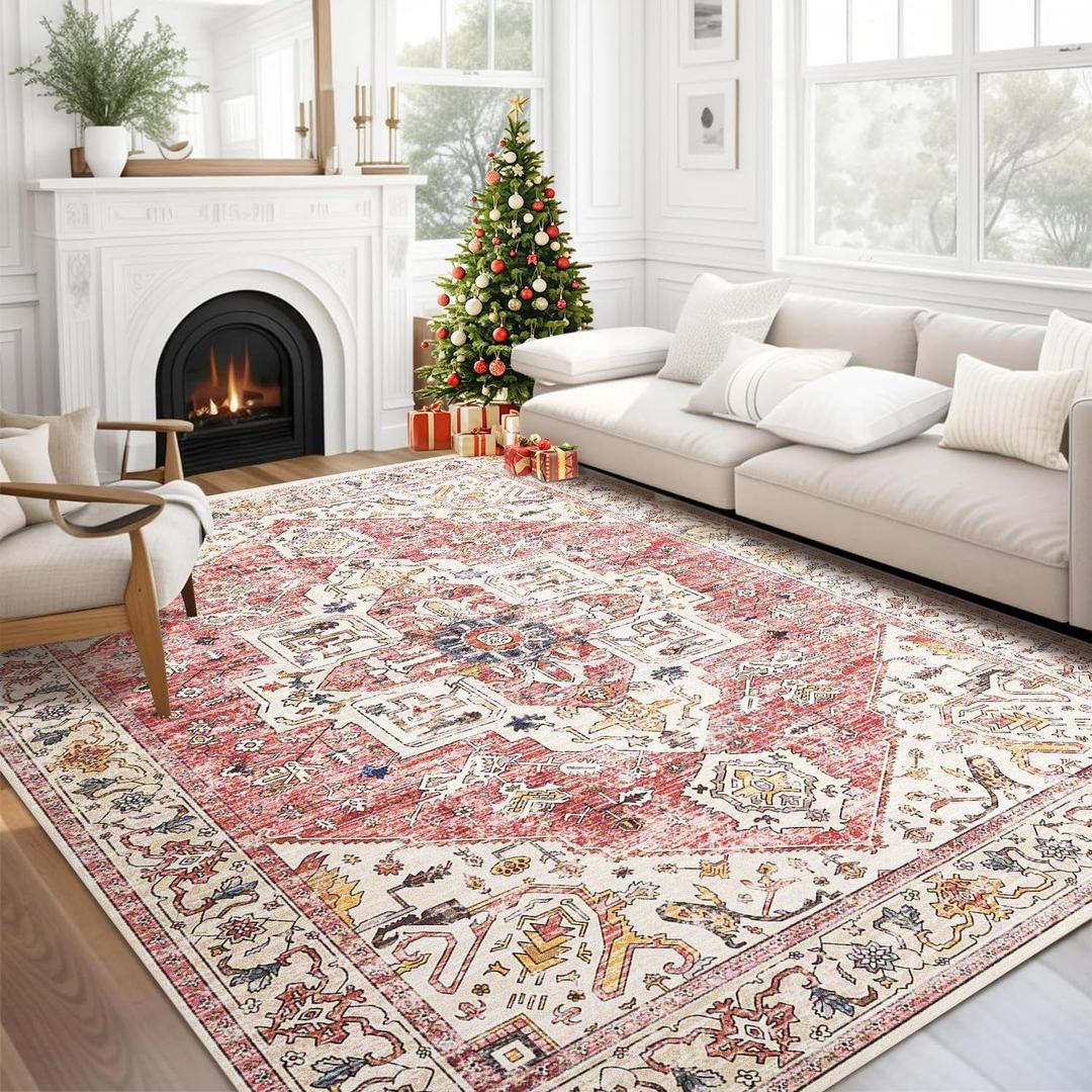 Area Rug 5'x7', Machine Washable, Non Slip, Foldable, Brick Red