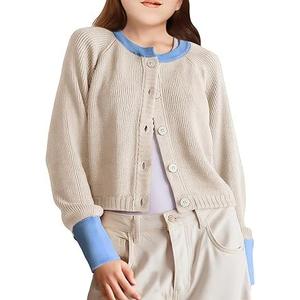 Girls Cardigan Sweater Kids Color Block School Uniforms Button Down Long Sleeve Knit Tops Tweens Winter Clothes Apricot, 130