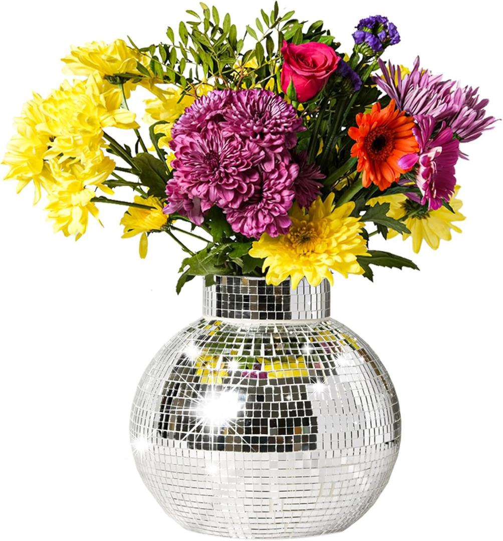 Disco Ball Planter | 7 Disco Ball Vase for Flowers & Plants | Handmade Silver Square Small Mirrors Center Piece | Disco Ball Plant Holder Silver