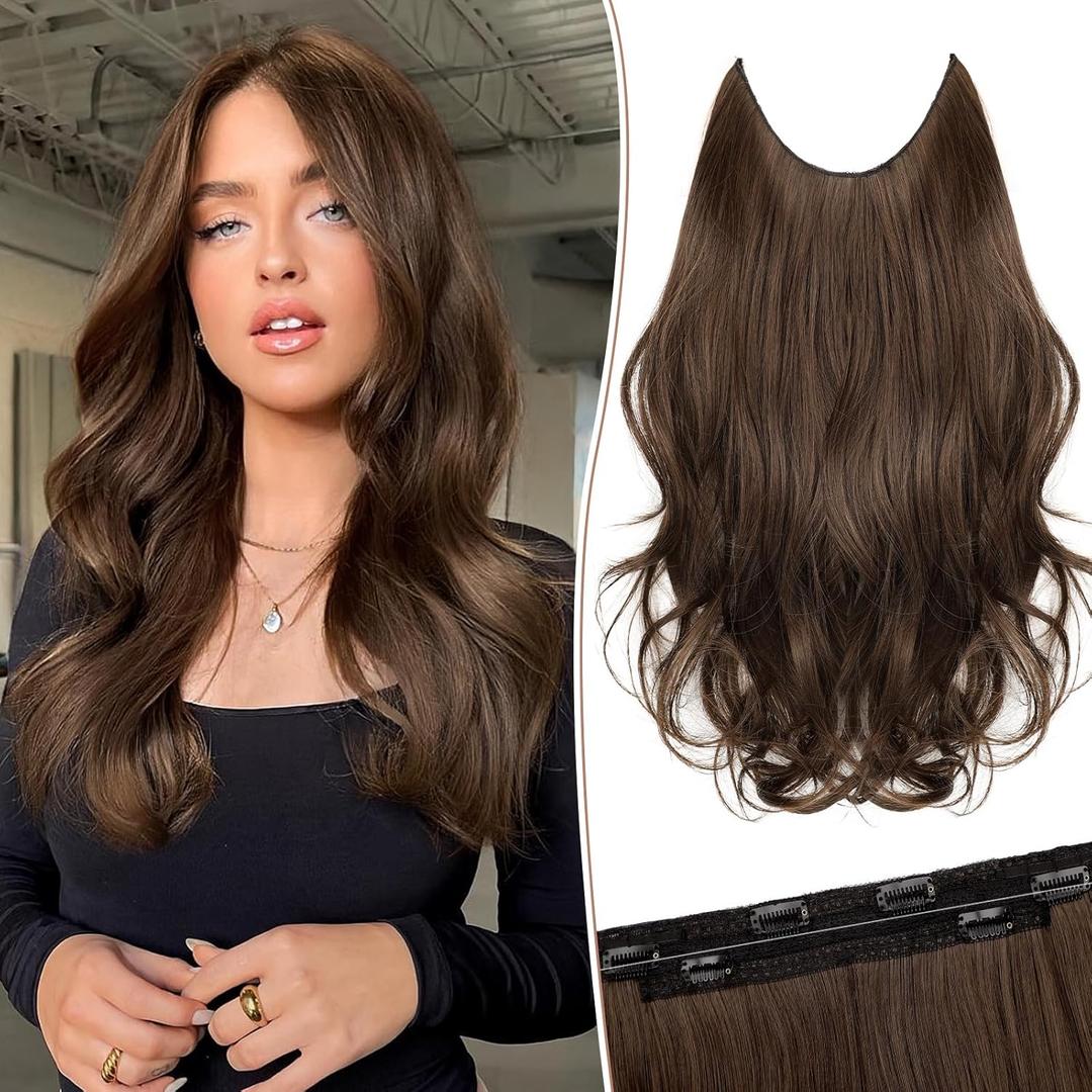 KooKaStyle Invisible Wire Hair Extensions Long Straight Layered Synthetic with Transparent Wire Adjustable Size 6 Secure Clips Hairpieces for Women 16 Inch (16Inch, Medium Brown6/10#)