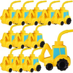 Tanlade 12 Set Excavator Cups with Straws, Plastic Excavator Shape Cup Reusable Plastic Cups Construction Themed Party Favor for Kids Construction Car Birthday Party