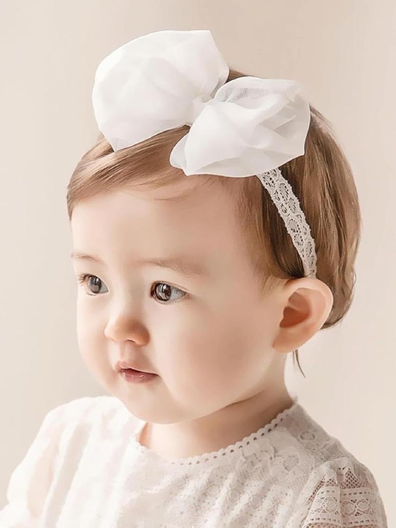 Baby Girls Cute Lace Bow Headband Soft Cotton Elastic Hair Accessories for Toddlers Newborns Ideal for Birthdays Baby Shower Photoshoots Special Occasions (White)
