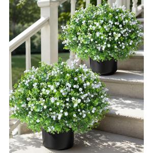 Fake Plants Artificial Flowers for Outdoors Decor, 2 Pack Fake Potted Plants Baby Breath With Green Eucalyptus Look Real UV Resistant Artificial Greenery with Pot for Outside Porch Garden Patio Yard